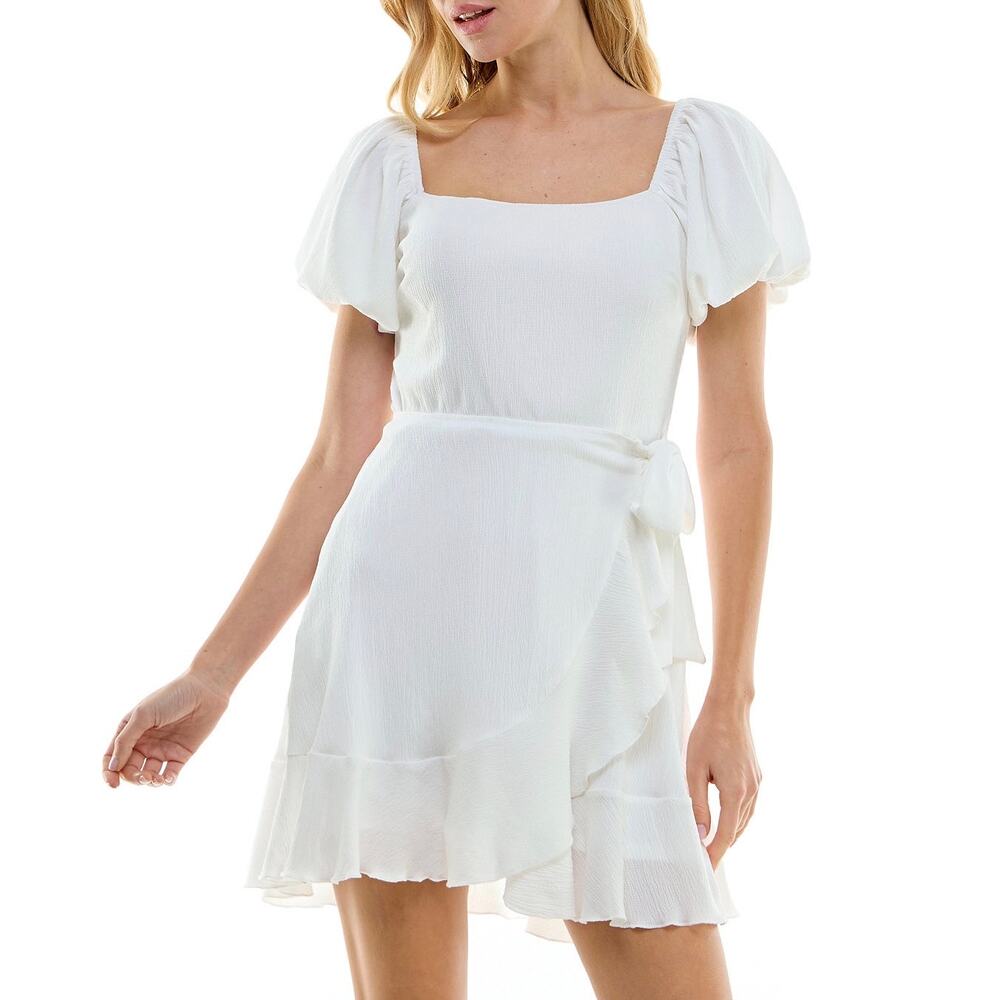Trixxi White Puff Sleeve Fit Flare Mini Dress Side Tie Ruffle Hem Size Small NWT